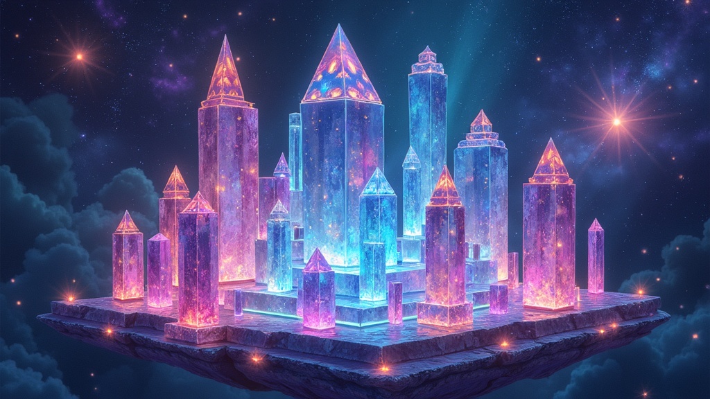 A vibrant, detailed illustration of a glowing crystal library floating in space, with intricate crystalline shelves housing luminous energy records