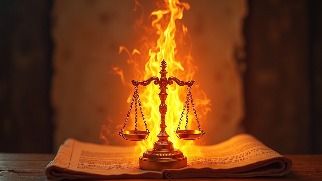 abstract artwork of flame representing justice with symbolic balance and covenant scroll in background