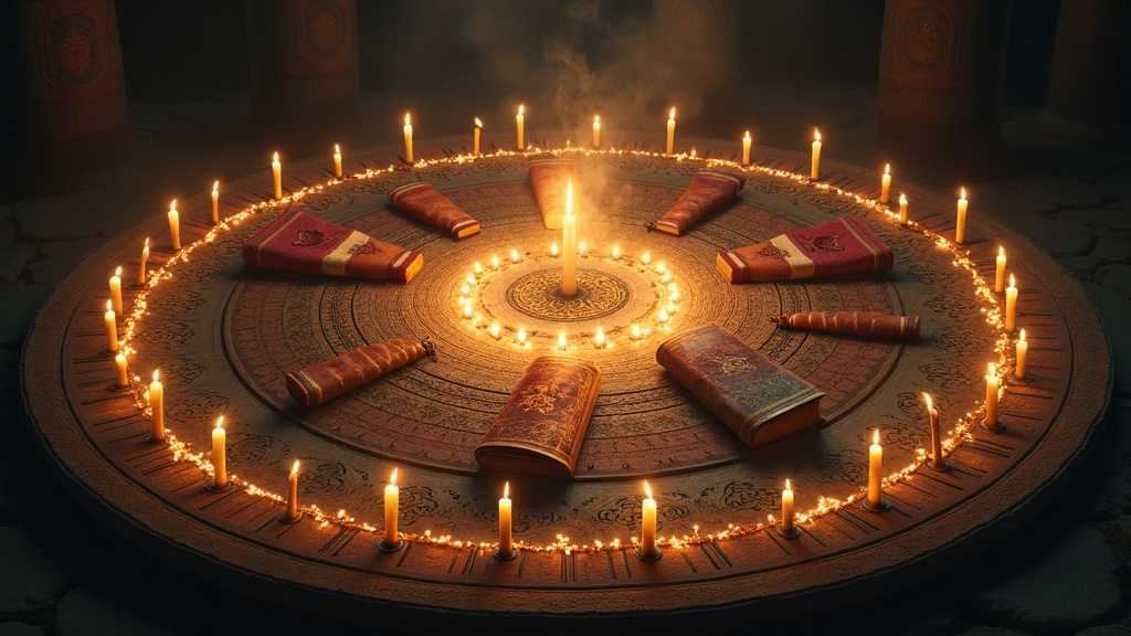 Abstract depiction of liturgical rhythm and sacred memory through cyclic patterns and light