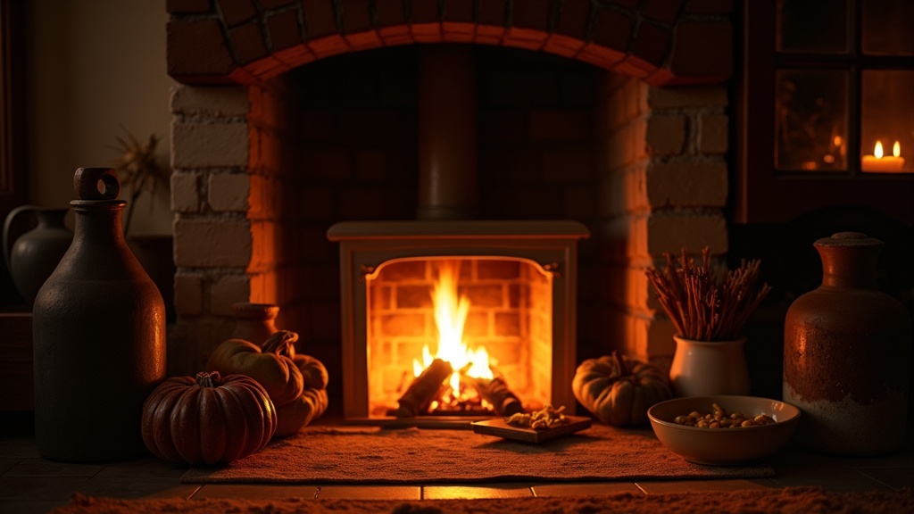 An inviting hearth over which a gentle warm fire burns, surrounded by well-worn objects and simple symbols of blessing. At the edges, shadows hint at quiet stewardship and shared memory.