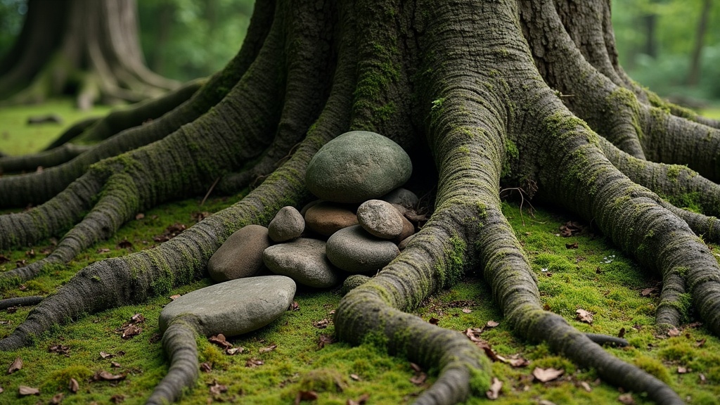 Ancient tree roots intertwining with stones on mossy ground, suggesting deep ancestral memory and connection across generations.