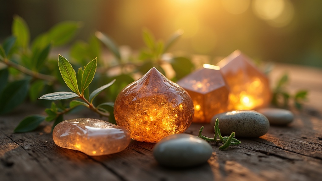 Bronze-gold highlights with healing crystals on a rustic wooden surface