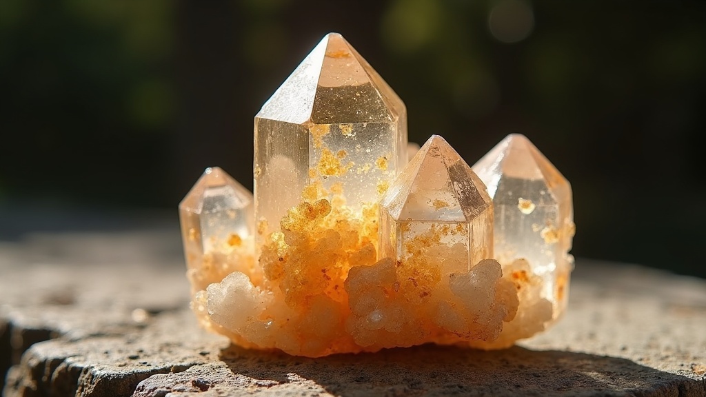 Close-up photo of Rose Gold Rutile Quartz crystals sparkling in sunlight against a soft natural background.
