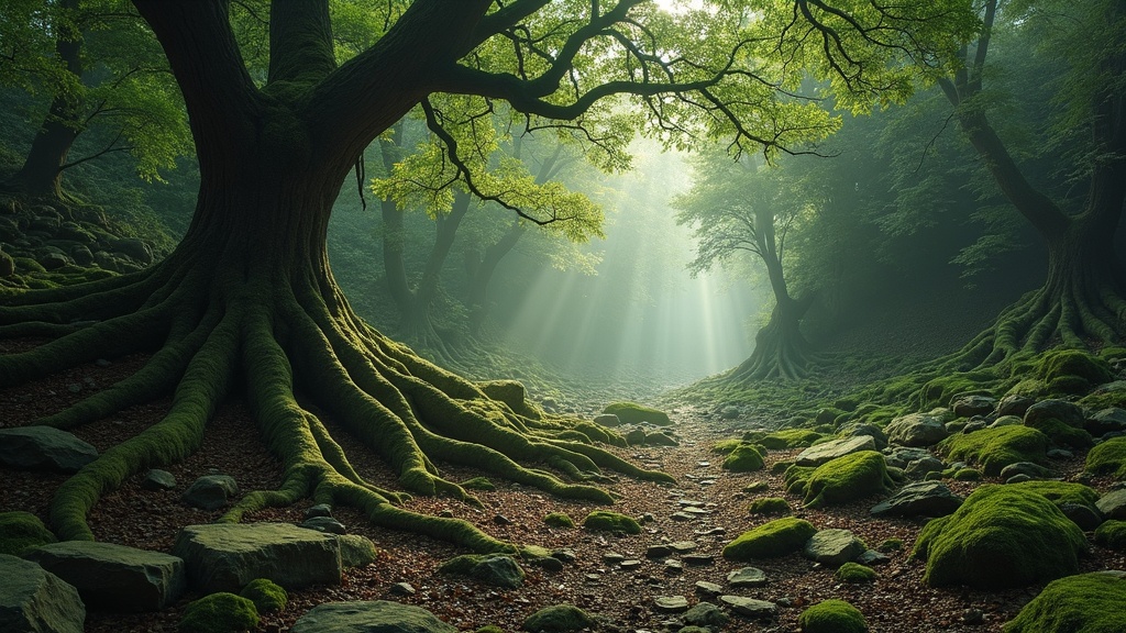 Earth memory - ancient tree roots, stones, and gentle light evoking hidden histories