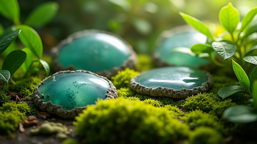 Moss Agate stone placed on green moss, surrounded by leaves and natural light shining through. Shimmering, tranquil, fresh, and vibrant nature.