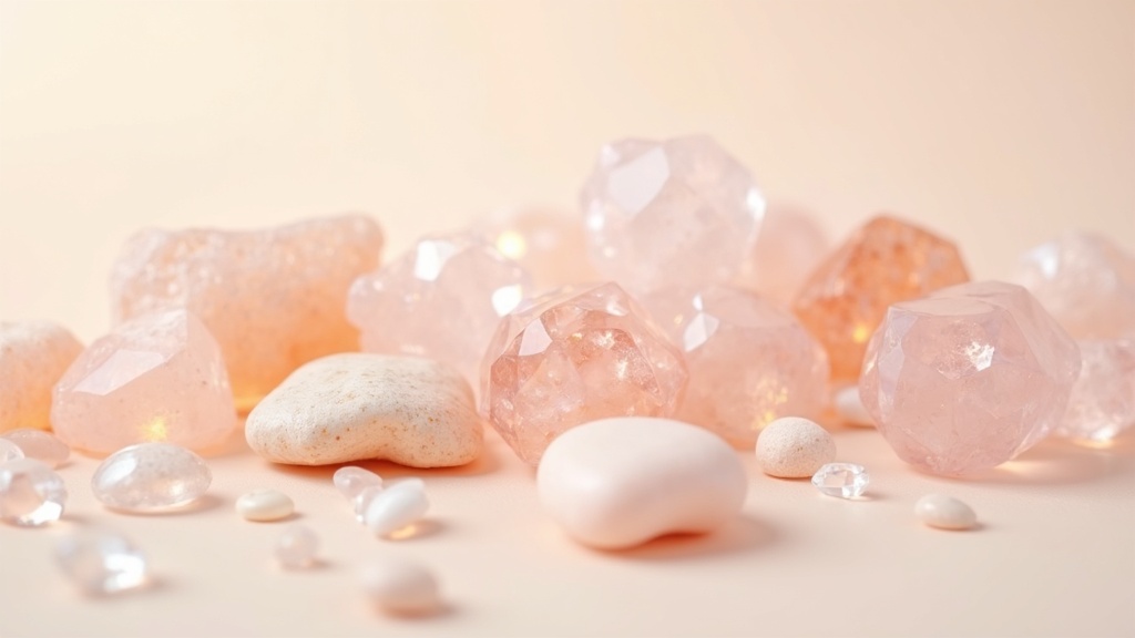 Rose gold crystals and healing stones on soft background