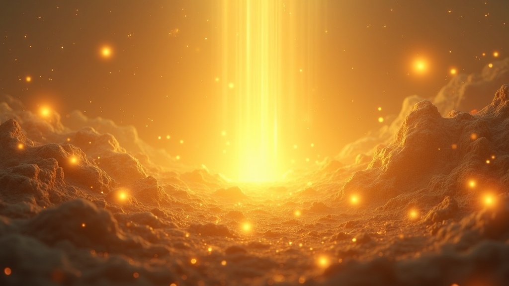 Shimmering gold light radiating across a serene, meditative landscape with glowing spheres representing chakras.