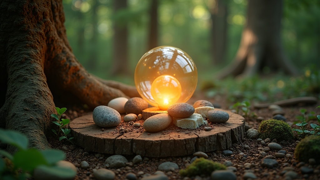 Spiritual symbols in an earthen landscape with roots and glowing light