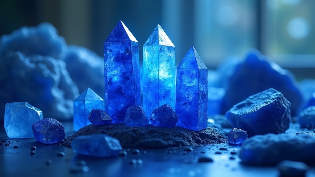 Vivid deep blue crystal arrangement featuring various shades of blue stones, soft light, and a peaceful background