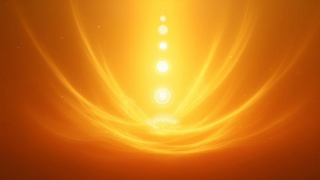 Warm amber golden glow with soft, abstract rays swirling around seven floating chakra symbols, all set on a gently lit background evoking peacefulness and positive energy.
