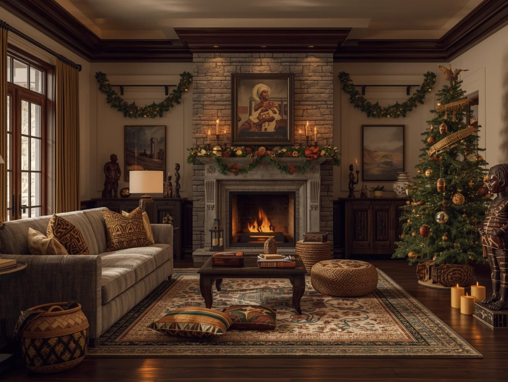 A warm, elegant living room blending African and American traditional interior design. Rich dark woods, deep earth tones, cream walls, and textured African fabrics. A large cozy sofa with African-inspired throw pillows (mudcloth, Ankara, kente). Classic American traditional elements: a stone or brick fireplace, wooden mantel, and refined decorative molding. Seasonal holiday decorations throughout — soft warm lights, garlands, natural greenery, woven baskets, handcrafted ornaments, and subtle African motifs in the décor. A decorated seasonal tree featuring ornaments inspired by African patterns and earth-tone color palettes (gold, bronze, deep green, burgundy). Woven rugs, carved wooden statues, family heirloom frames, candles, and warm ambient lighting. Style: high-resolution, warm, cozy, inviting, culturally blended, holiday atmosphere