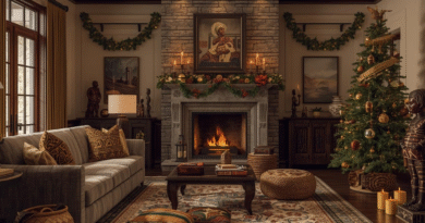 A warm, elegant living room blending African and American traditional interior design. Rich dark woods, deep earth tones, cream walls, and textured African fabrics. A large cozy sofa with African-inspired throw pillows (mudcloth, Ankara, kente). Classic American traditional elements: a stone or brick fireplace, wooden mantel, and refined decorative molding. Seasonal holiday decorations throughout — soft warm lights, garlands, natural greenery, woven baskets, handcrafted ornaments, and subtle African motifs in the décor. A decorated seasonal tree featuring ornaments inspired by African patterns and earth-tone color palettes (gold, bronze, deep green, burgundy). Woven rugs, carved wooden statues, family heirloom frames, candles, and warm ambient lighting. Style: high-resolution, warm, cozy, inviting, culturally blended, holiday atmosphere