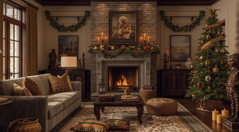 A warm, elegant living room blending African and American traditional interior design. Rich dark woods, deep earth tones, cream walls, and textured African fabrics. A large cozy sofa with African-inspired throw pillows (mudcloth, Ankara, kente). Classic American traditional elements: a stone or brick fireplace, wooden mantel, and refined decorative molding. Seasonal holiday decorations throughout — soft warm lights, garlands, natural greenery, woven baskets, handcrafted ornaments, and subtle African motifs in the décor. A decorated seasonal tree featuring ornaments inspired by African patterns and earth-tone color palettes (gold, bronze, deep green, burgundy). Woven rugs, carved wooden statues, family heirloom frames, candles, and warm ambient lighting. Style: high-resolution, warm, cozy, inviting, culturally blended, holiday atmosphere