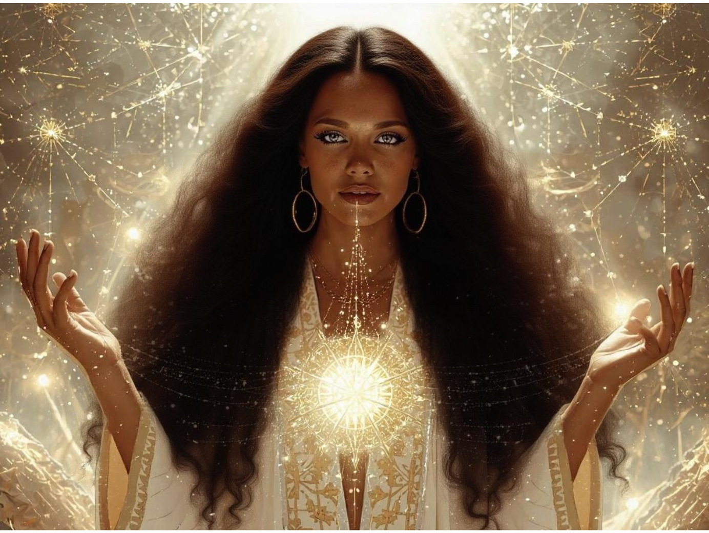 A radiant American/African and Irish ancestry woman standing in a luminous, celestial space filled with interwoven golden light-threads, representing the Logos Chakra. She has long, loose, flowing reddish hair that glows softly in the light. Her features show a blended heritage—warm brown skin with subtle freckles, high cheekbones, and green-amber eyes that reflect wisdom and creation energy. She wears an ethereal white and gold robe with geometric patterns resembling sacred weaving. Around her hands and fingertips, shimmering strands of light, symbols, and divine codes are forming a living tapestry. The atmosphere is serene, elevated, and sacred, with diamond-white and iridescent gold illumination. Style: ultra-detailed, mystical realism, divine feminine, high-vibrational, soft but powerful energy.