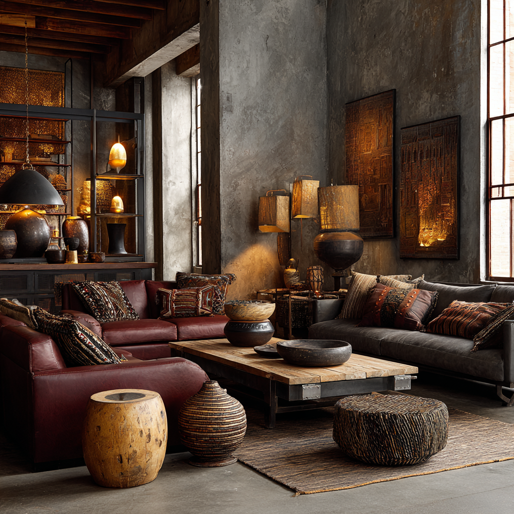 African + Industrial Living Room (Deep Red-Brown, Charcoal, Stone Gray & Quiet Gold)
