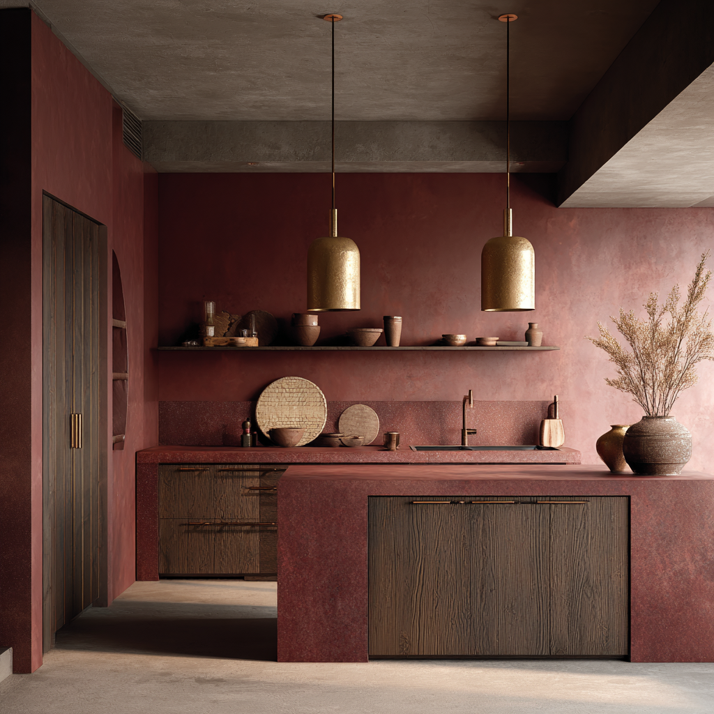 deep clay red with muted rose and shadowed gold undertones Kitchen