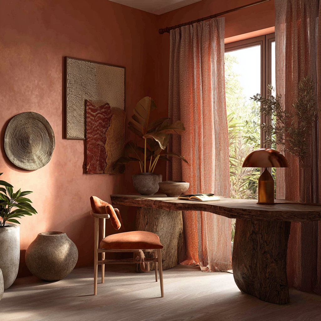 warm coral, soft copper, muted rose, and flowing shadow tones home office