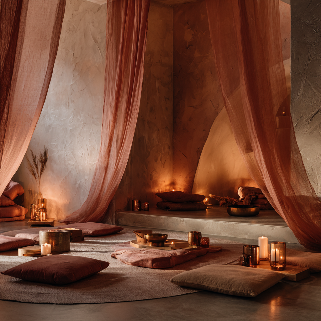 warm coral, soft copper, muted rose, and flowing shadow tones