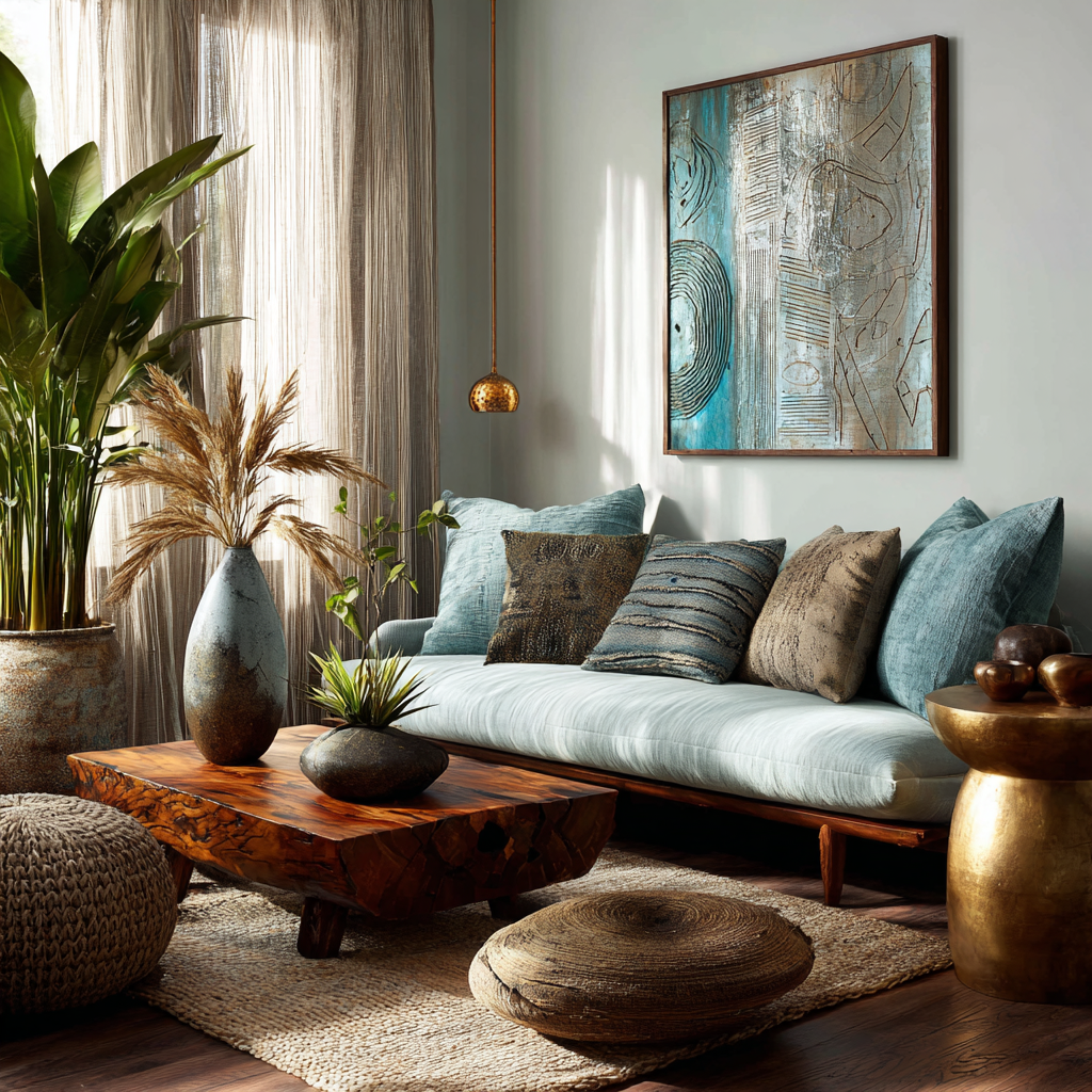 African Midcentury Modern living room in turquoise and soft silver blue