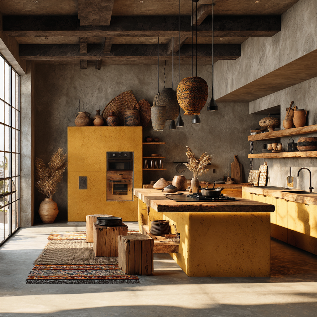African industrial kitchen blending warm golden yellow muted with earthy amber and soft shadow tones,