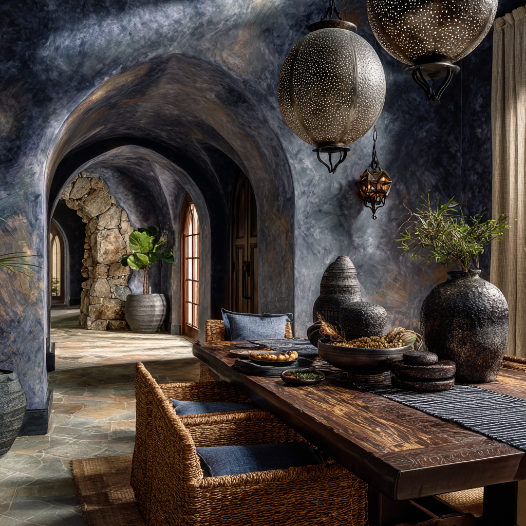 Deep Indigo Layered with Soft Silver-Gray and Muted Shadow Tones African diningroom