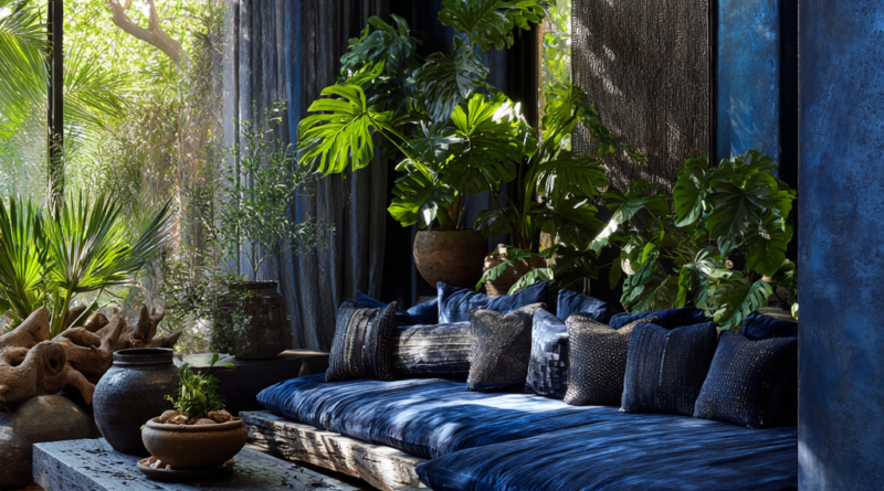Deep Indigo with Fractured Silver Highlights and Subtle Charcoal Undertones African Livingroom