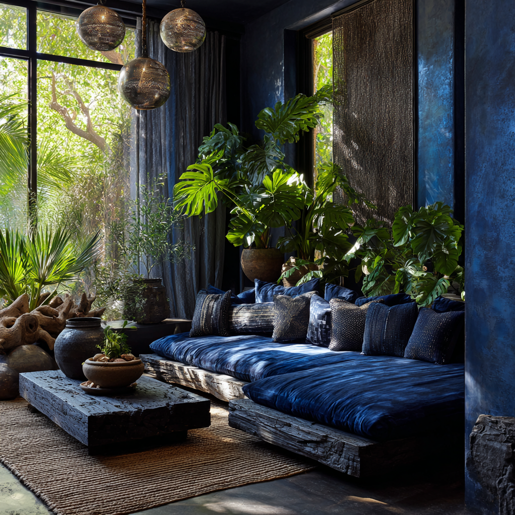 Deep Indigo with Fractured Silver Highlights and Subtle Charcoal Undertones African Livingroom