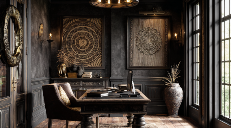 Deep brown and obsidian black African home office