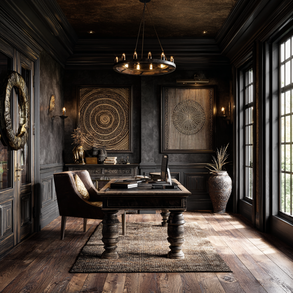 Deep brown and obsidian black African home office