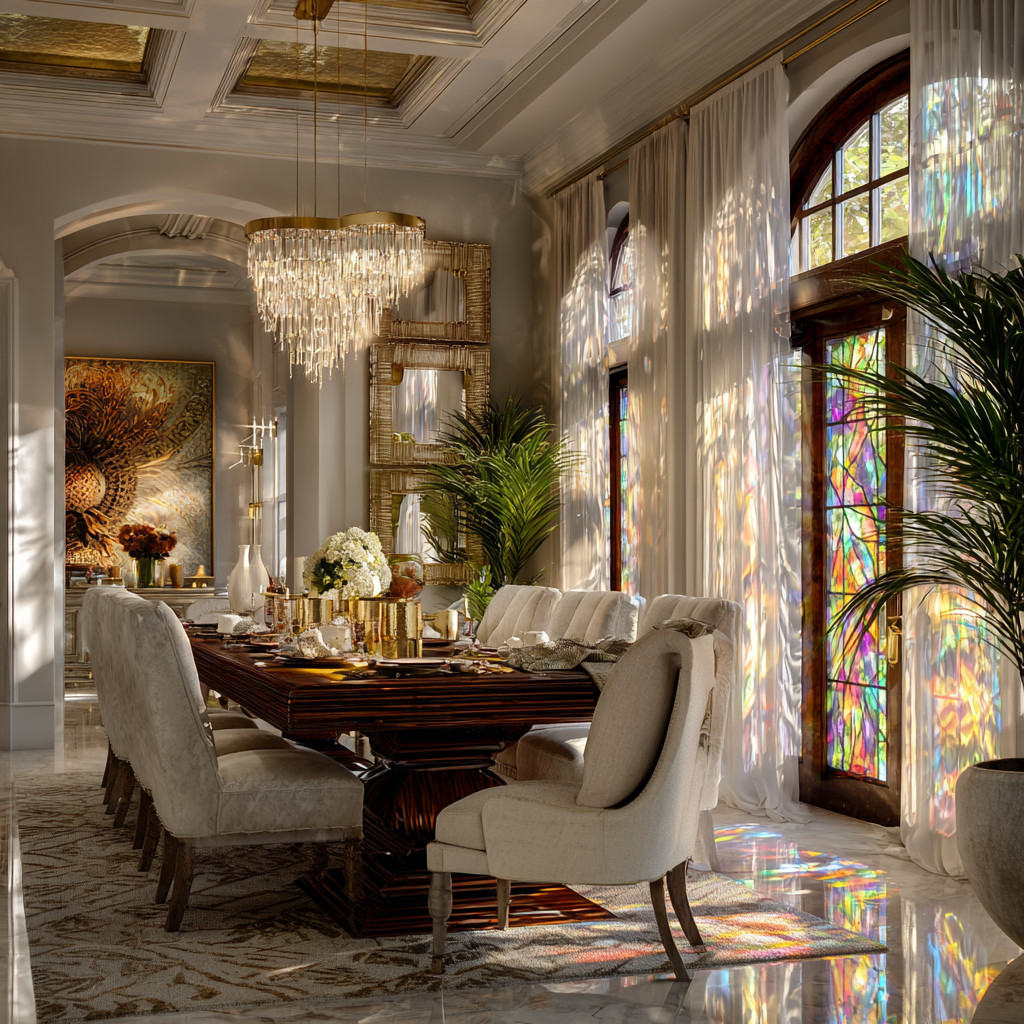 Diamond White, Iridescent Gold, and Rainbow Light, African dining room
