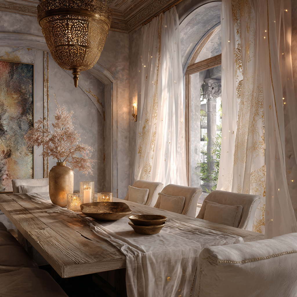 Diamond White, Iridescent Gold, and Soft Starlight African French Country Dining Room