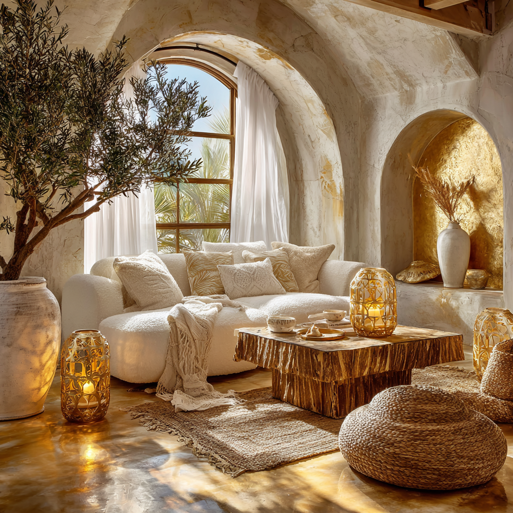 Diamond White and Opalescent Gold African living room