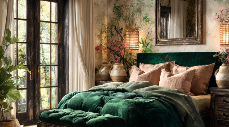 Emerald Green · Soft Rose-Gold African bedroom