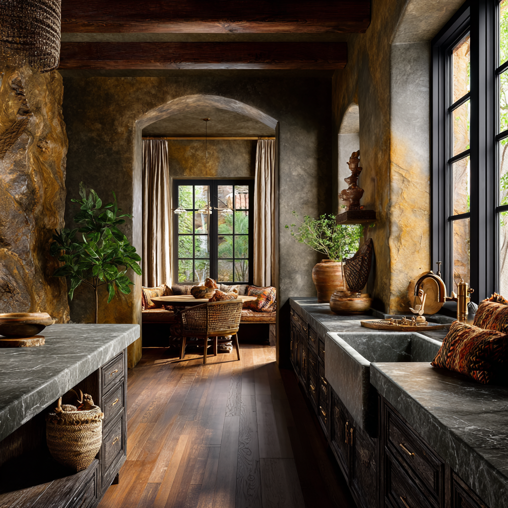 Muted Golden Amber walls with soft matte finish, subtle stone-gray crystallization African Southern Traditional kitchen
