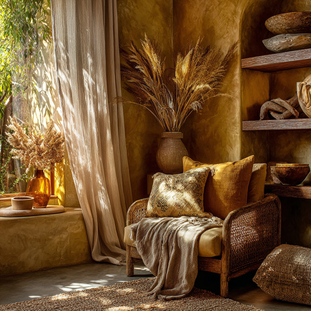 Muted Golden Yellow softened with pale amber and gentle shadow undertones African Coastal Californa Reading Nook