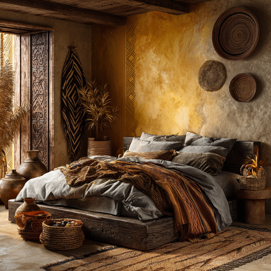 Muted Golden Yellow with Structured Umber Lines & Steady Gray Undertones African bedroom