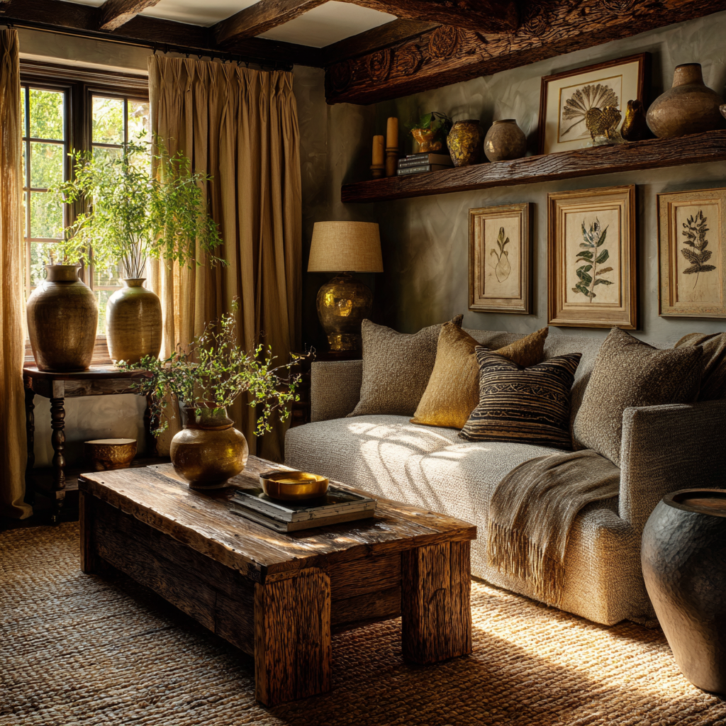Muted golden yellow with sharp umber shadows and soft gray undertones African English Cottage sitting room