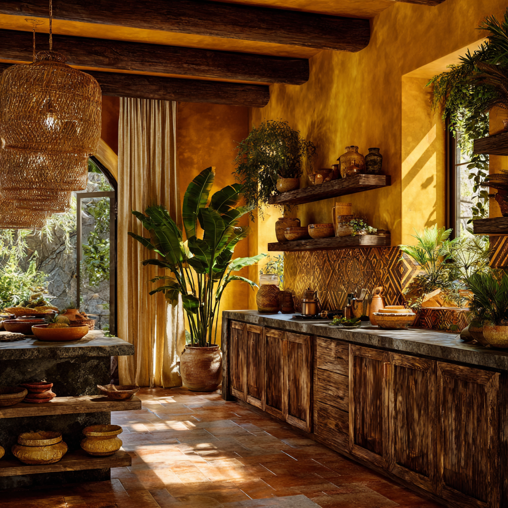 Radiant Golden Yellow Grounded in Deep Amber & Structured Umber African Biophilic kitchen