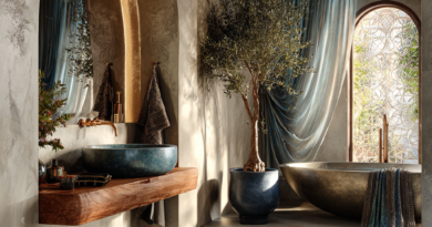 Soft Pearl-White - Muted Indigo - Silver-Gray Shielding Tones African bathroom