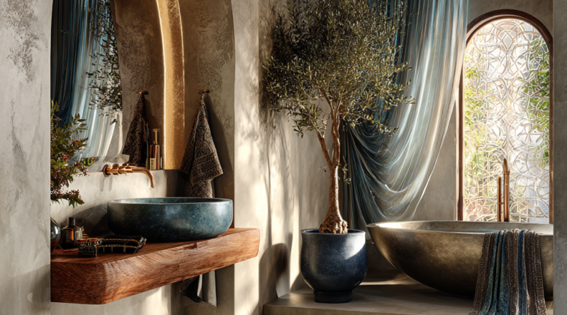 Soft Pearl-White - Muted Indigo - Silver-Gray Shielding Tones African bathroom