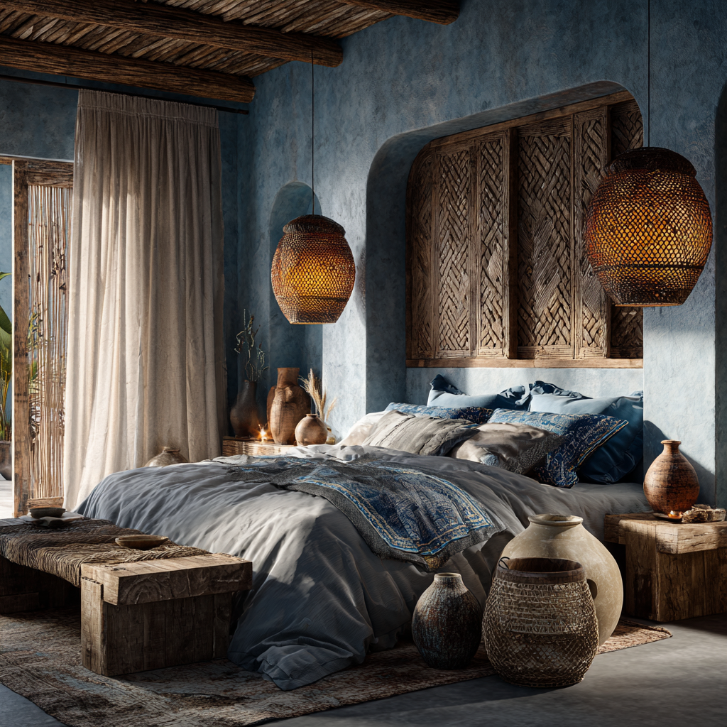 clear blue and soft sky blue African chic bedroom