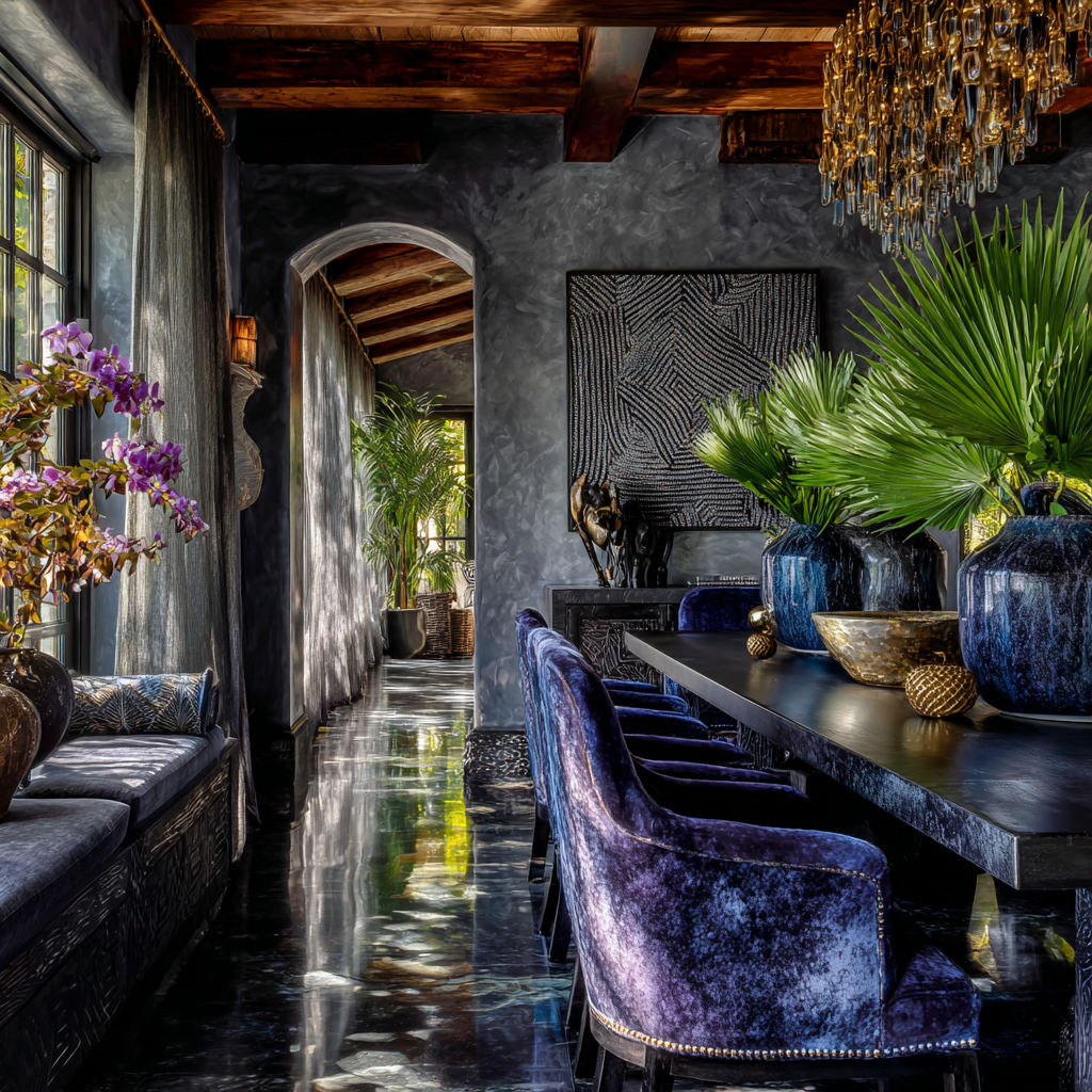 deep charcoal and indigo-violet African dining room