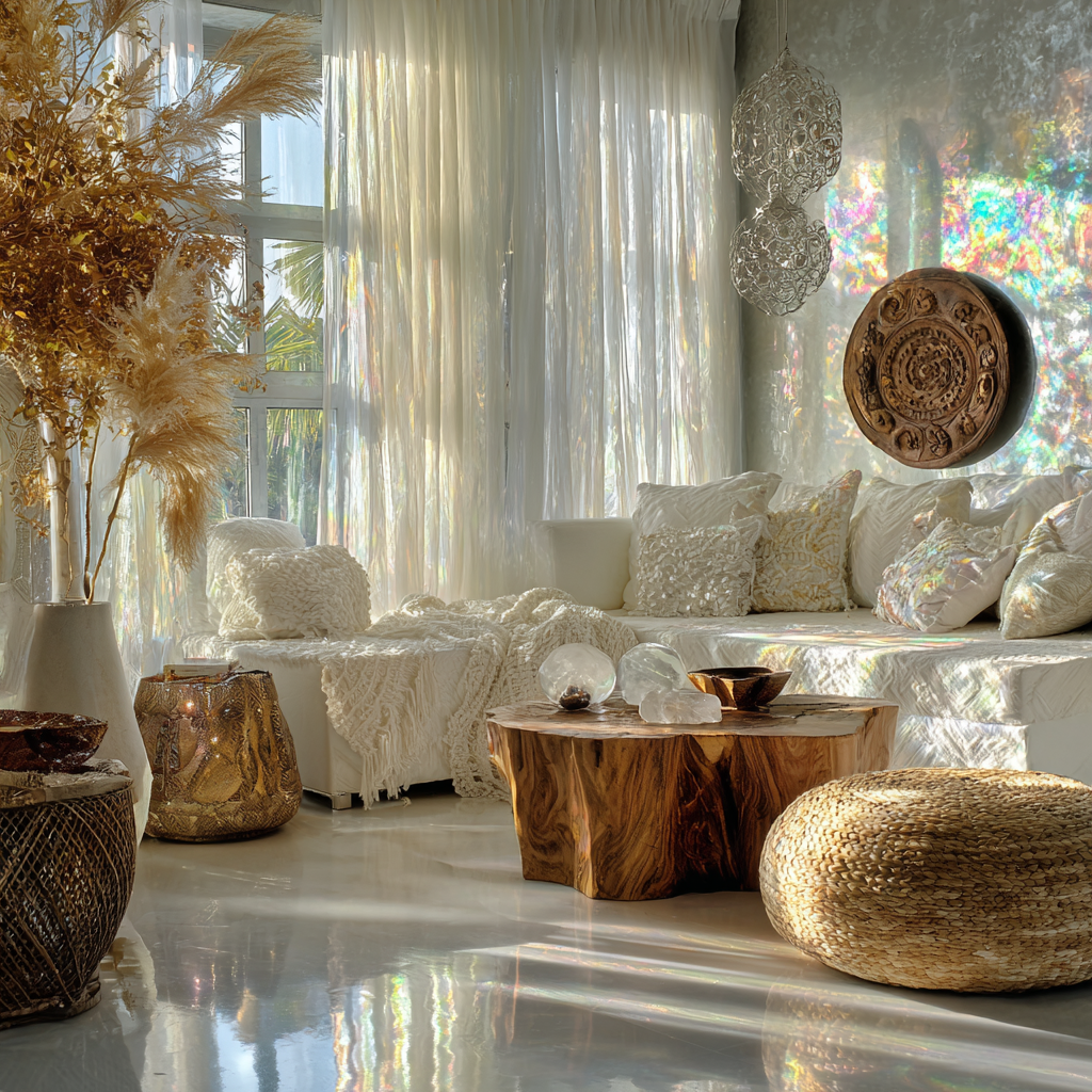 iridescent white and diamond light African Eclectic sitting room