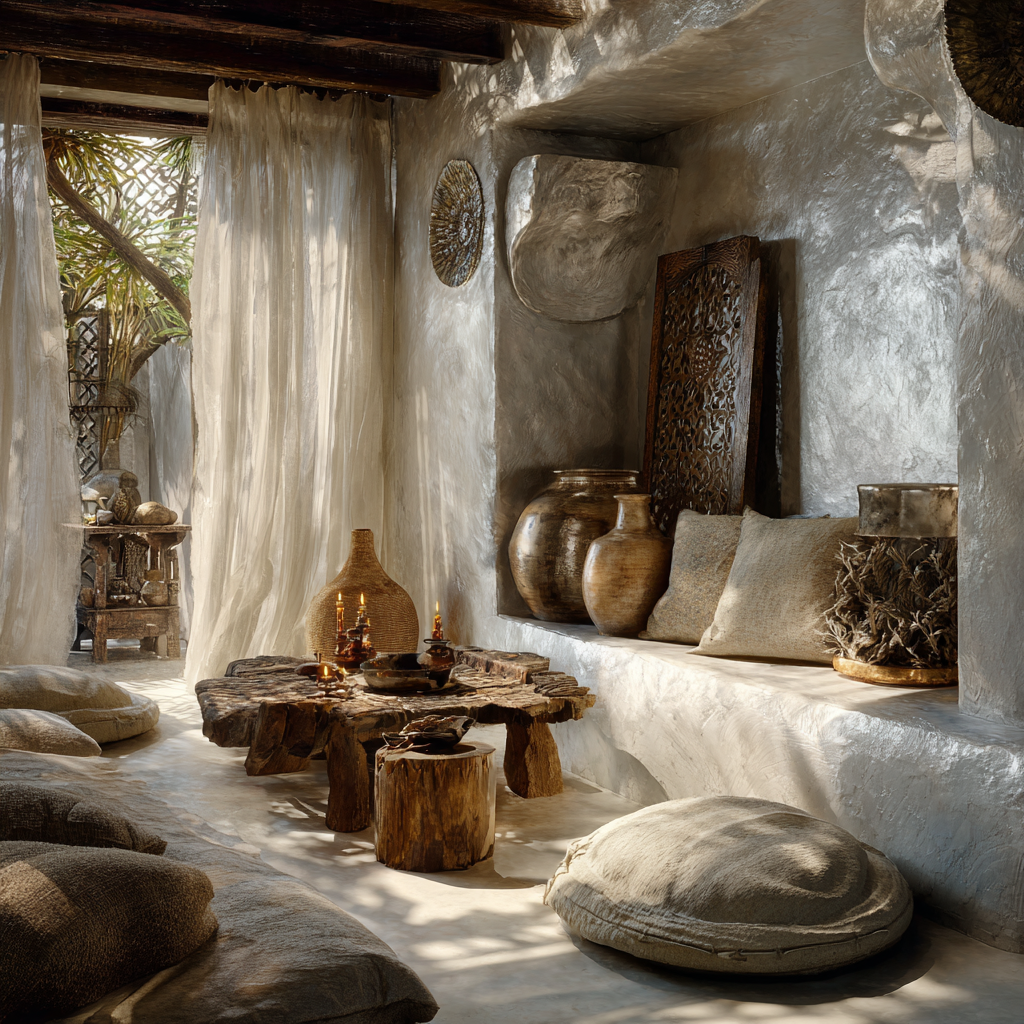 pearlescent white and soft silver African Eclectic meditation room