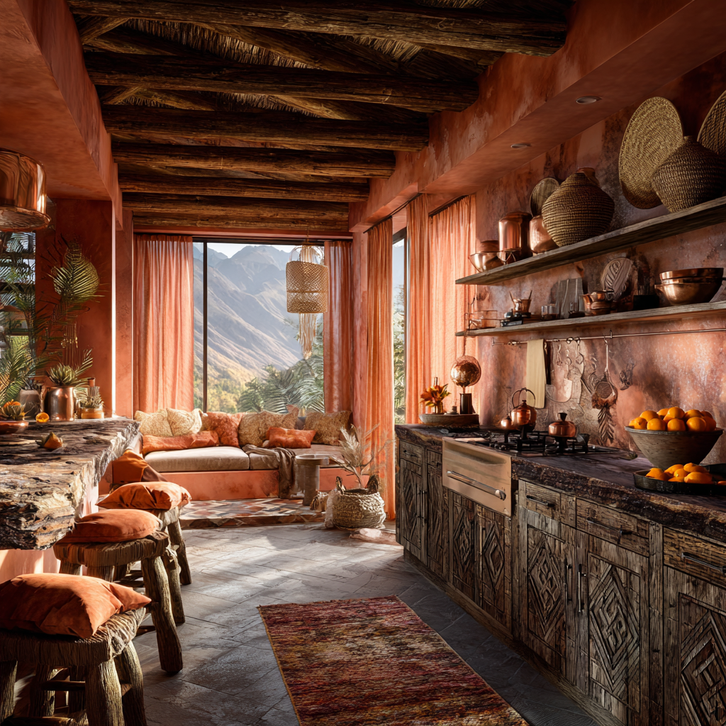 warm coral and soft orange African and Alpine Chic Kitchen