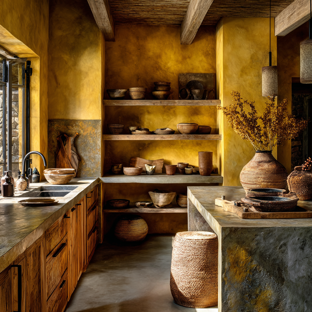 warm golden yellow muted with amber African Farmhouse kitchen