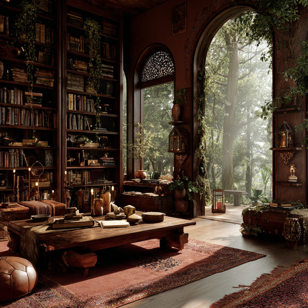 A serene African-inspired home library nestled deep within a lush forest clearing, designed in rich earth tones of deep red clay, warm mahogany, terracotta, and dark brown wood. Floor-to-ceiling handcrafted wooden bookshelves filled with ancient books, scrolls, and sacred journals line the walls. Large arched windows and open wooden doors reveal a vibrant green forest with towering trees, vines, and filtered golden sunlight streaming through the leaves. The space features African design elements such as carved tribal wood patterns, woven baskets, mud-cloth textiles, and sacred geometric motifs subtly etched into the wood. A large wooden reading table sits at the center with candles, crystals, and a glowing journal symbolizing the Akashic Records. Soft red earth-colored rugs and leather armchairs create a warm, grounding atmosphere. Outside the windows the forest feels alive and mystical, with sunlight illuminating floating dust particles like tiny sparks of light, evoking a spiritual library of memory and wisdom. The overall mood is sacred, quiet, ancient, and deeply grounding a hidden sanctuary of knowledge where soul memories are stored. Style: cinematic lighting, ultra-detailed, African sacred aesthetic, spiritual atmosphere, warm earthy palette,