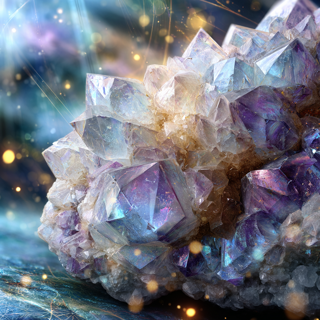 macro close-up of a glowing apophyllite crystal cluster, highly detailed facets reflecting opalescent light, hues of soft violet, white, and prism-like iridescence, light beams refracting through the crystal creating a cosmic gateway effect, background softly blurred with hints of celestial space and African sacred geometry patterns faintly visible, symbolic of soul origin and divine blueprint, hyper-realistic texture, luminous energy field surrounding the crystal,