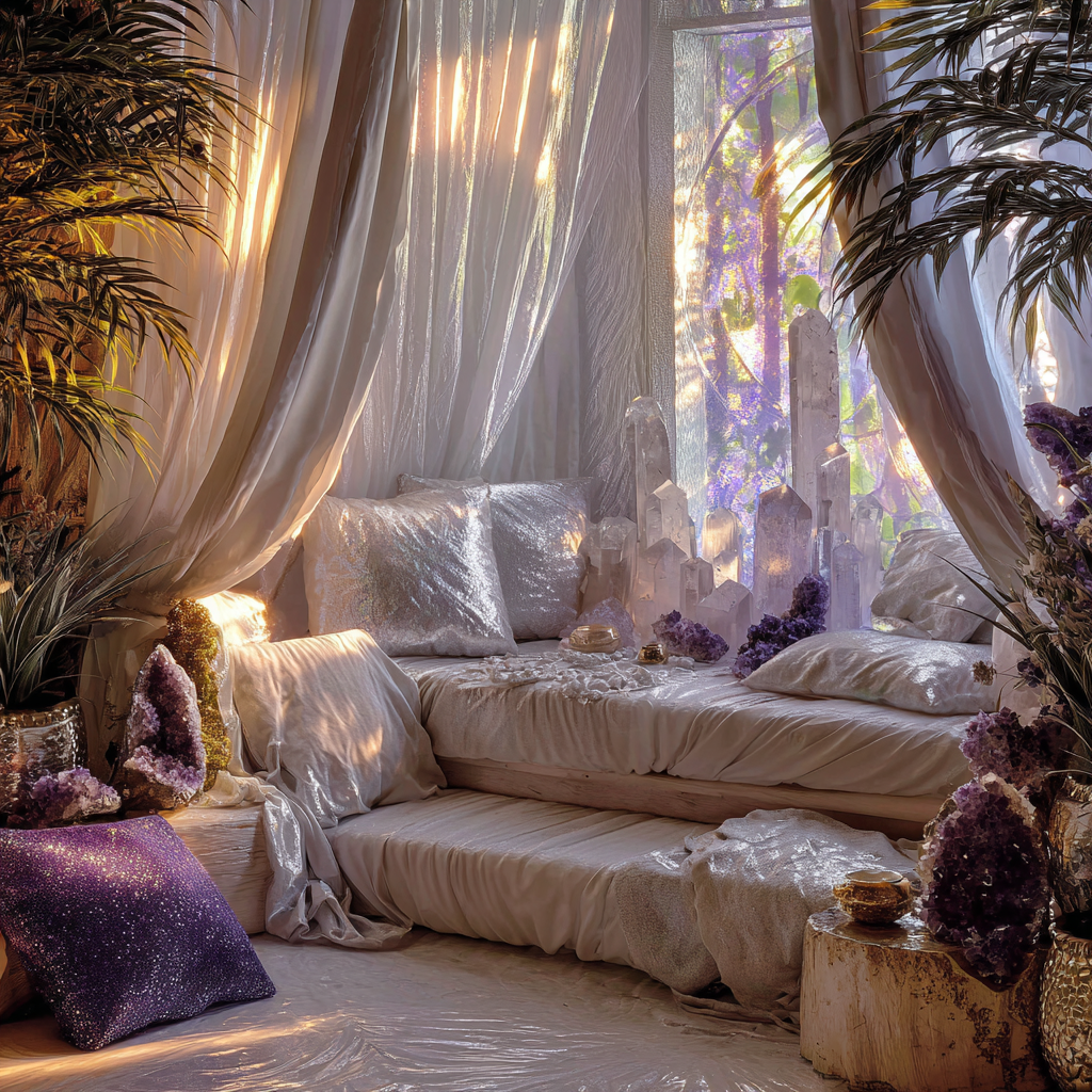 African-inspired minimalist meditation room designed for Soul Star Chakra activation, color palette of pearlescent white, soft silver, and luminous violet, featuring a sacred altar with apophyllite crystal clusters, selenite towers, and clear quartz arranged in vertical alignment, low seating with natural linen cushions, sheer flowing curtains catching light, subtle African sacred geometry etched into walls and decor, indoor plants with soft silvery-green leaves, warm diffused sunlight creating a heavenly glow, calm, elevated, spiritually charged atmosphere, high-end interior design, biophilic elements