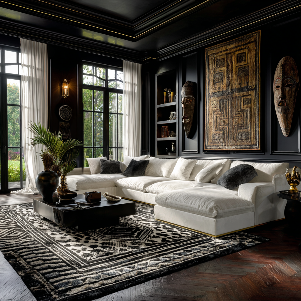 Modern African Art Deco lounge living room, deep matte black walls contrasted with crisp white architectural moldings, bold black-and-white patterned rug inspired by African geometry, low-profile white sectional sofa, black lacquer coffee table, subtle gold trim details, ambient lighting with sharp contrast (light vs shadow), floor-to-ceiling windows with sheer white curtains filtering light, sculptural African masks in monochrome tones, minimal decor, moody yet refined atmosphere, high contrast lighting emphasizing depth and perception,
